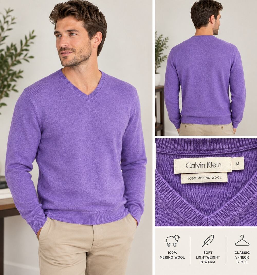 Calvin Klein Men’s Medium Merino Wool V-Neck Sweater Purple